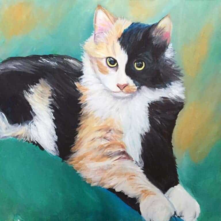 Pet portrait painting of a cat showing their paws with a grade