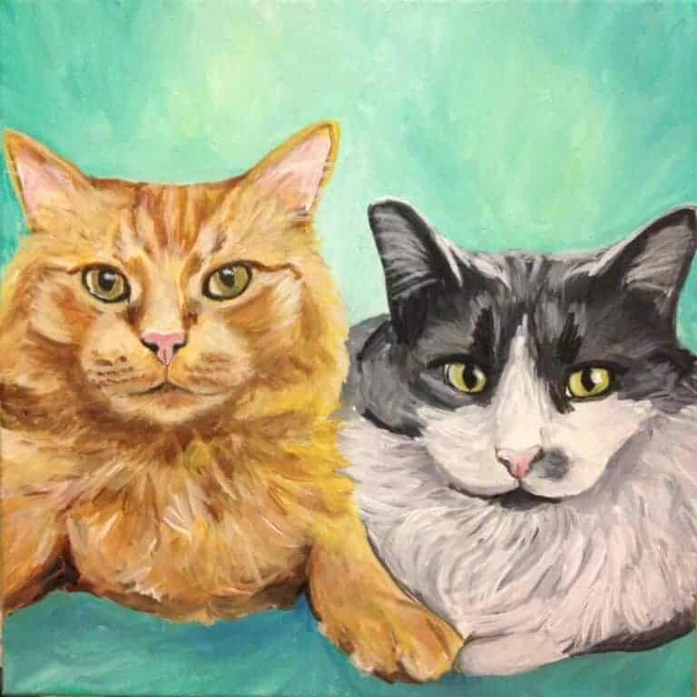 Painting of two cat pets with a teal backgroun