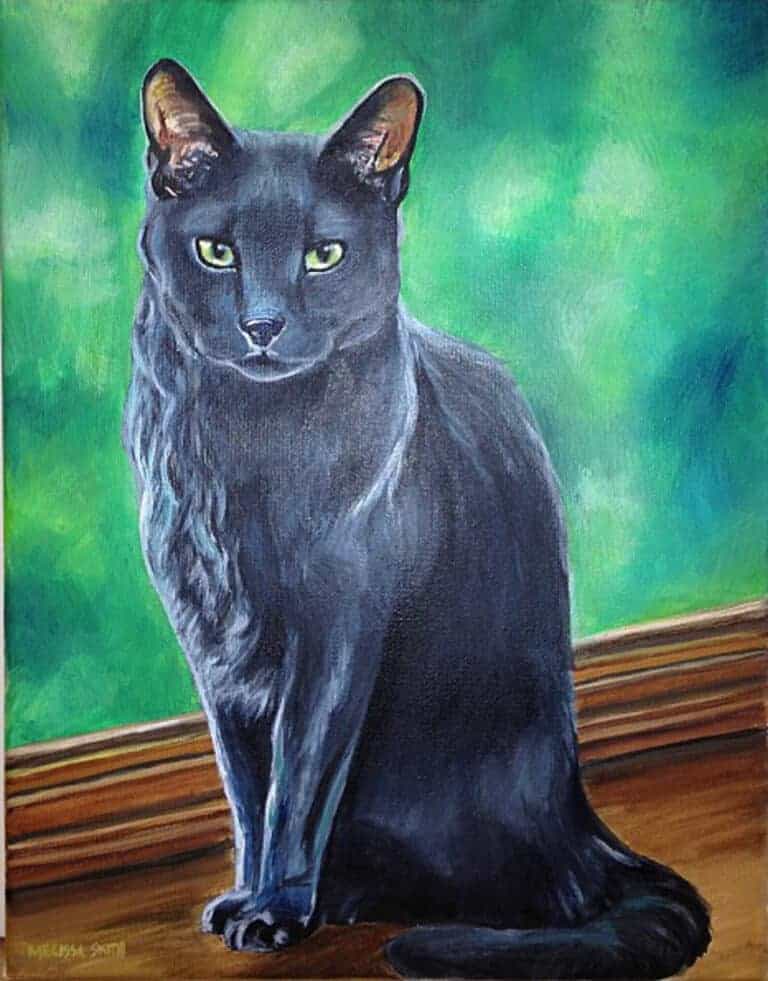 A gray cat pet portrait painting with a green