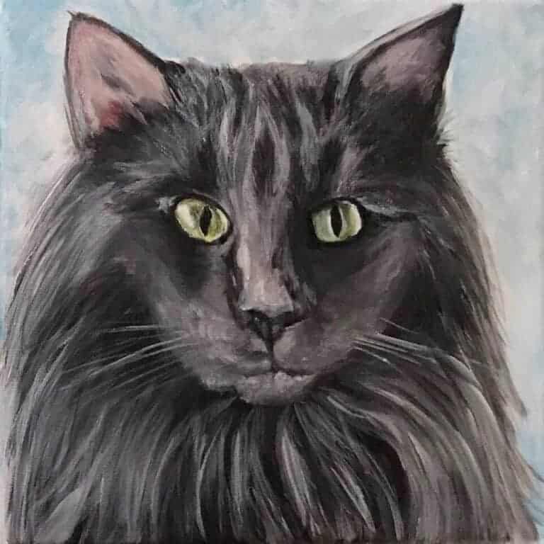 Painting of pets of a long-haired gray cat and a blue