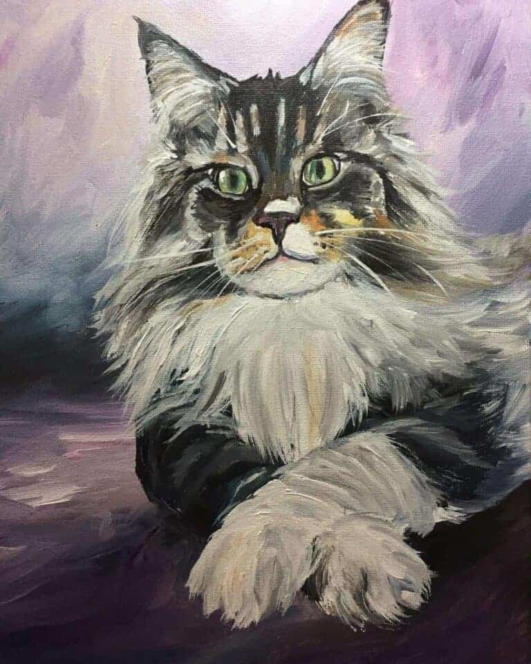 Cat portrait painter of a Maine coon cat and a purple