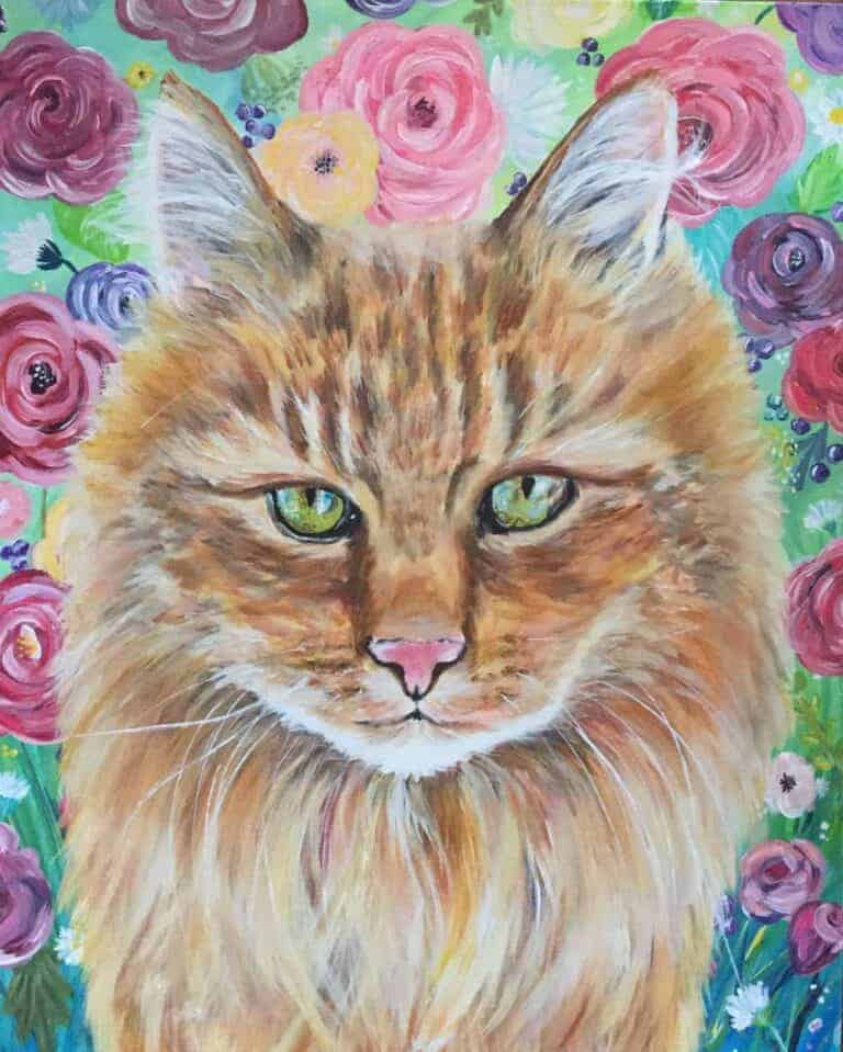 Painted pet portrait of a long-haired orange cat with a custom flower background