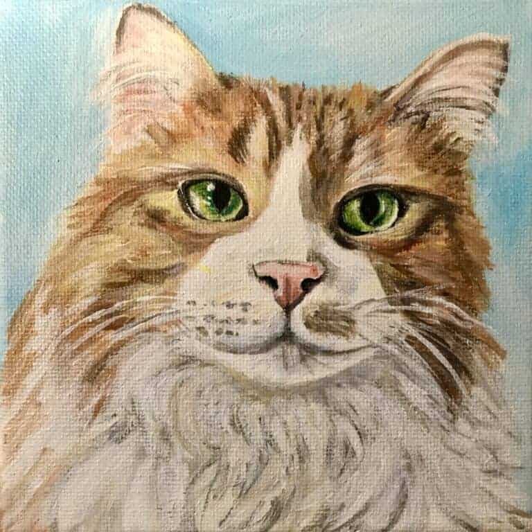 Painted portrait of a orange and white cat with a blue background