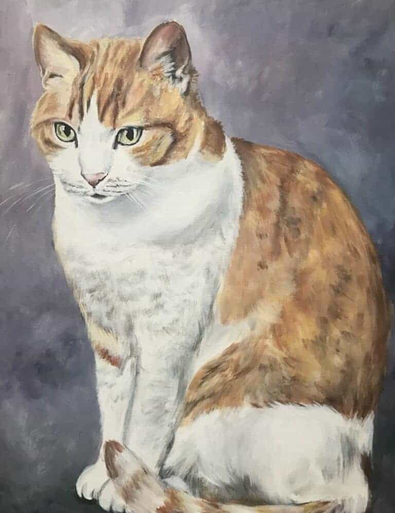 Painted cat portrait of an orange and white cat with a purple background