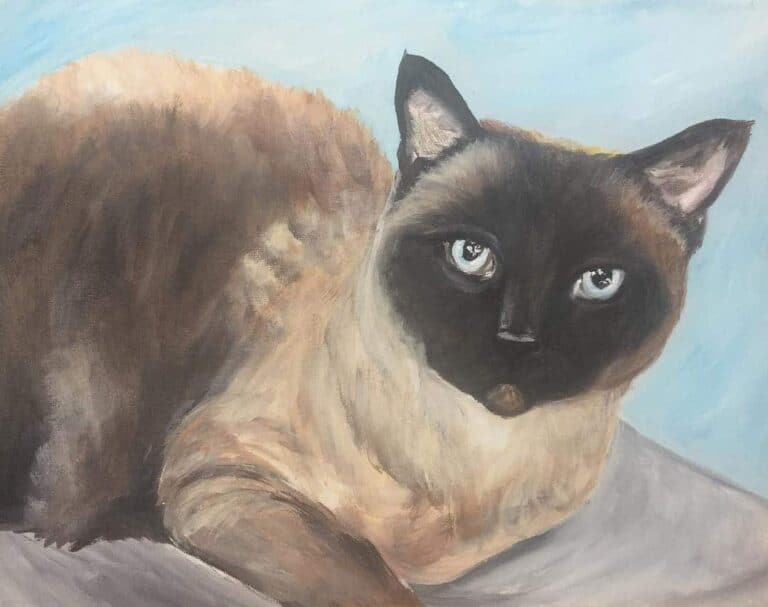 Cat portrait painting of a Siamese with a blue background