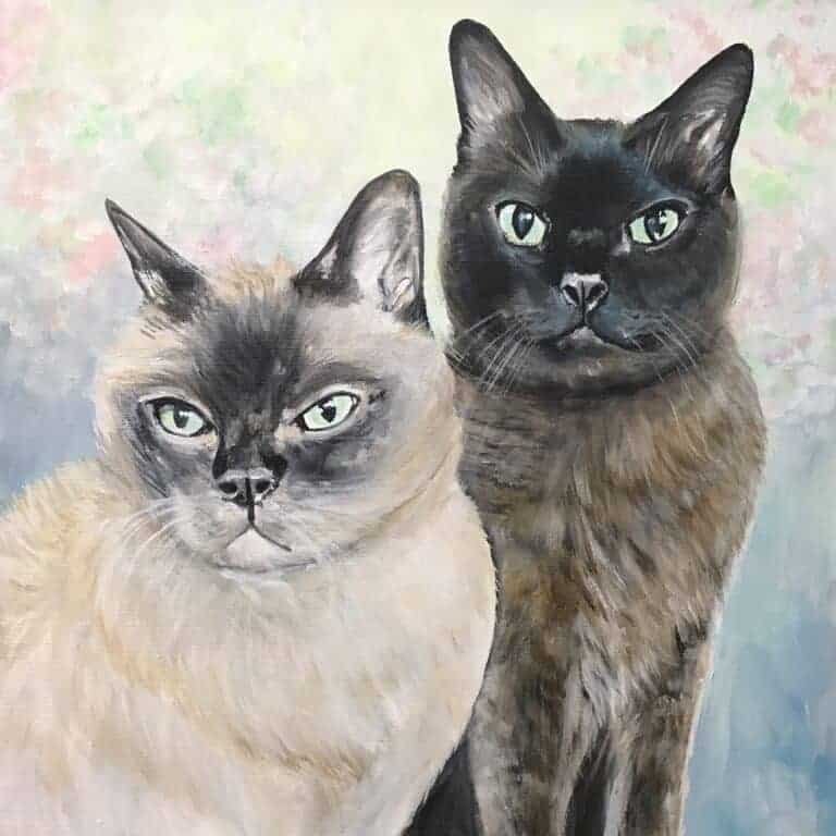 Cat painting custom of two Siamese cats with abstract floral background