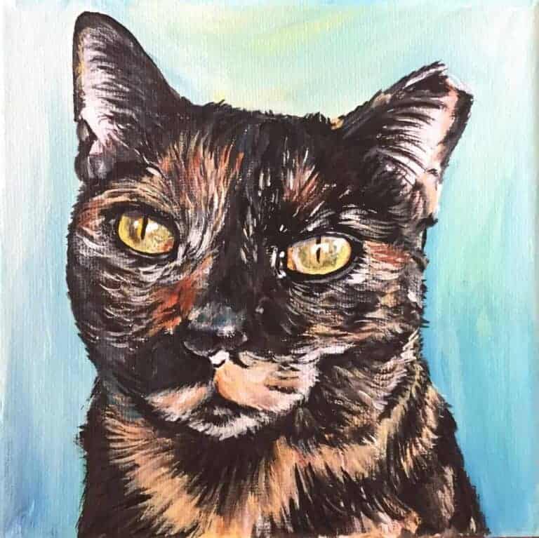 Tortoise shell cat pet portrait painting with blue background