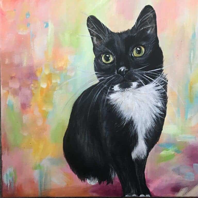 Pet paintings of black tuxedo cat with colorful background