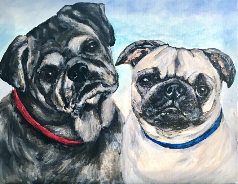 black and fawn pug painting with blue background