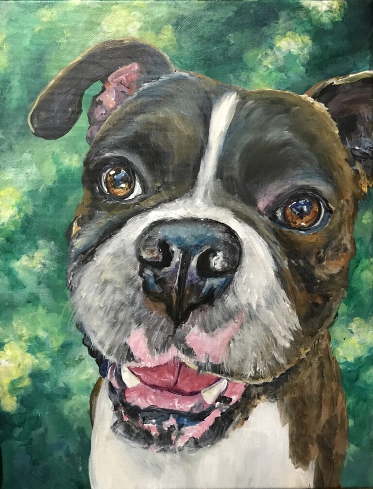 boxer dog painting with greenery background