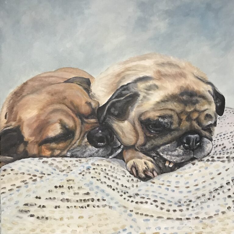 two pugs sleeping painting