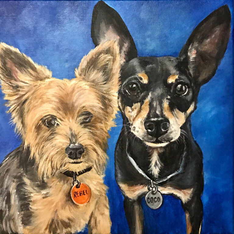 yorkie_minipin_two dog painting with blue background